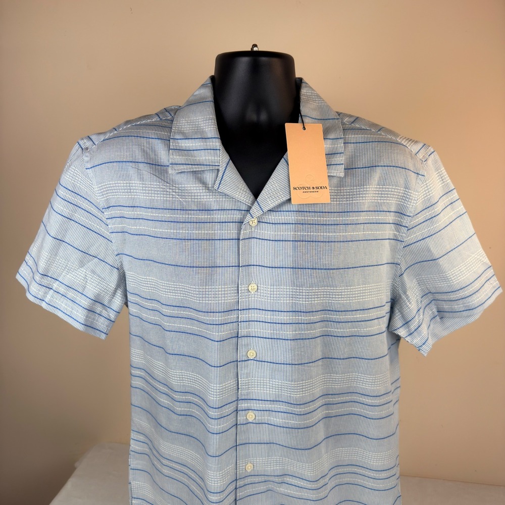 Scotch & Soda Mens Vertical Texture Camp Riviera Striped Shirt Blue Large NEW